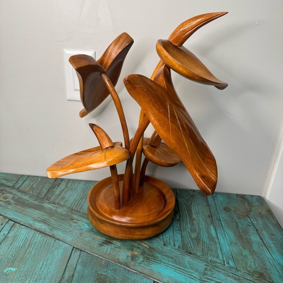 MCM Midcentury Modern Teak Lotus Leaf Wood Carved Art Sculpture - Picture 2 of 10